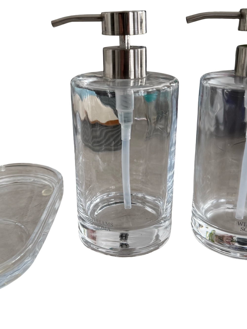 Williams Sonoma Clear Glass Soap Dispenser, with Silver Pump with glass tray.